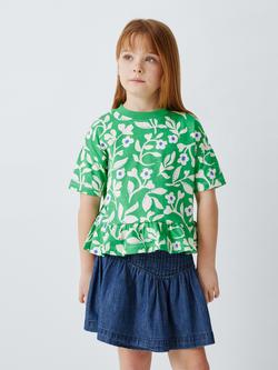 John Lewis Kids' Floral Peplum Hem T-Shirt, Green, White, Green, White