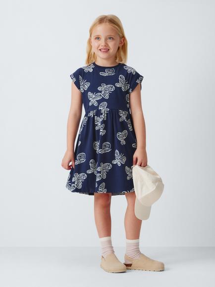 John Lewis Kids' Butterfly Jersey Dress, Blue, White - view 2, Blue, White