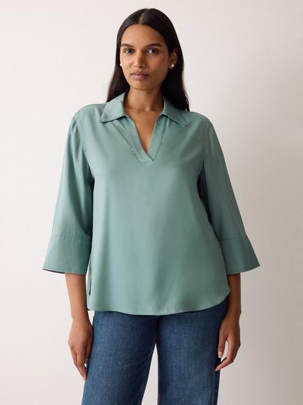 Jigsaw Twill Open Collar Top, Blue