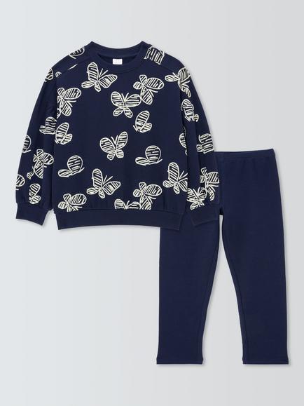 John Lewis Kids' Butterfly Jersey Lounge Set, White, Blue, White, Black