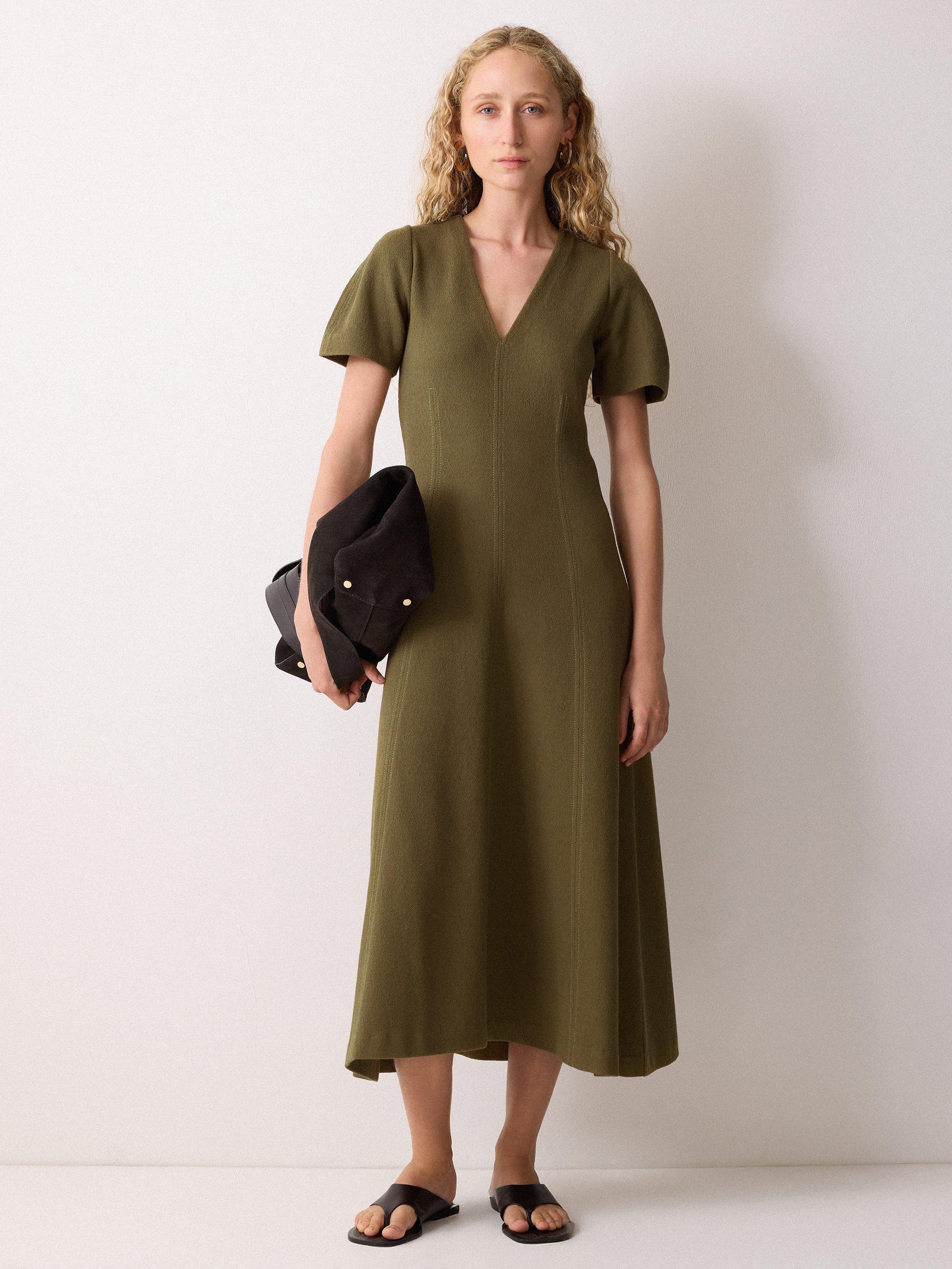 Product image 1 of 6, which shows Jigsaw Curved Sleeve Midi Dress, Khaki, XS