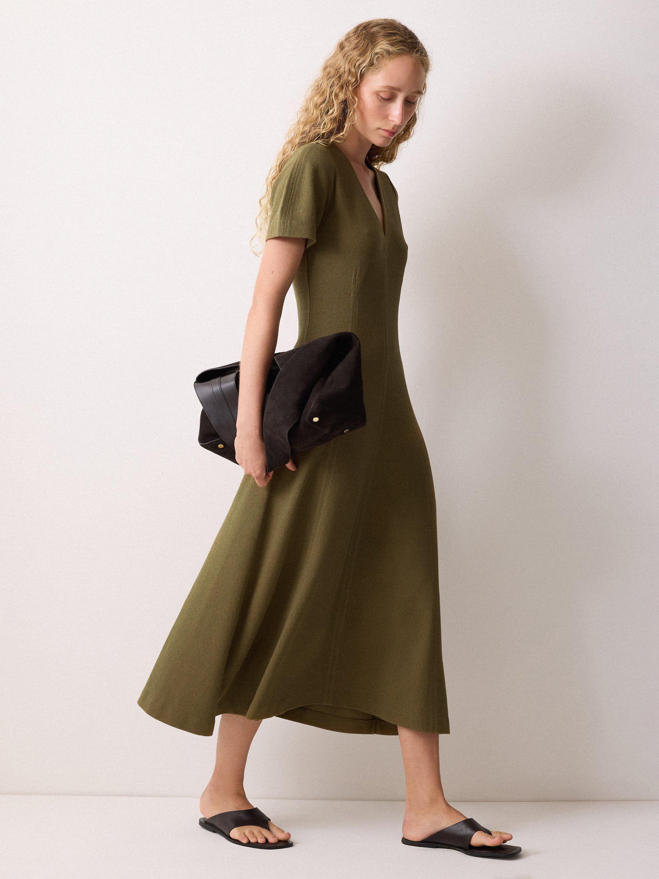 Product image 4 of 6, which shows Jigsaw Curved Sleeve Midi Dress, Khaki, XS