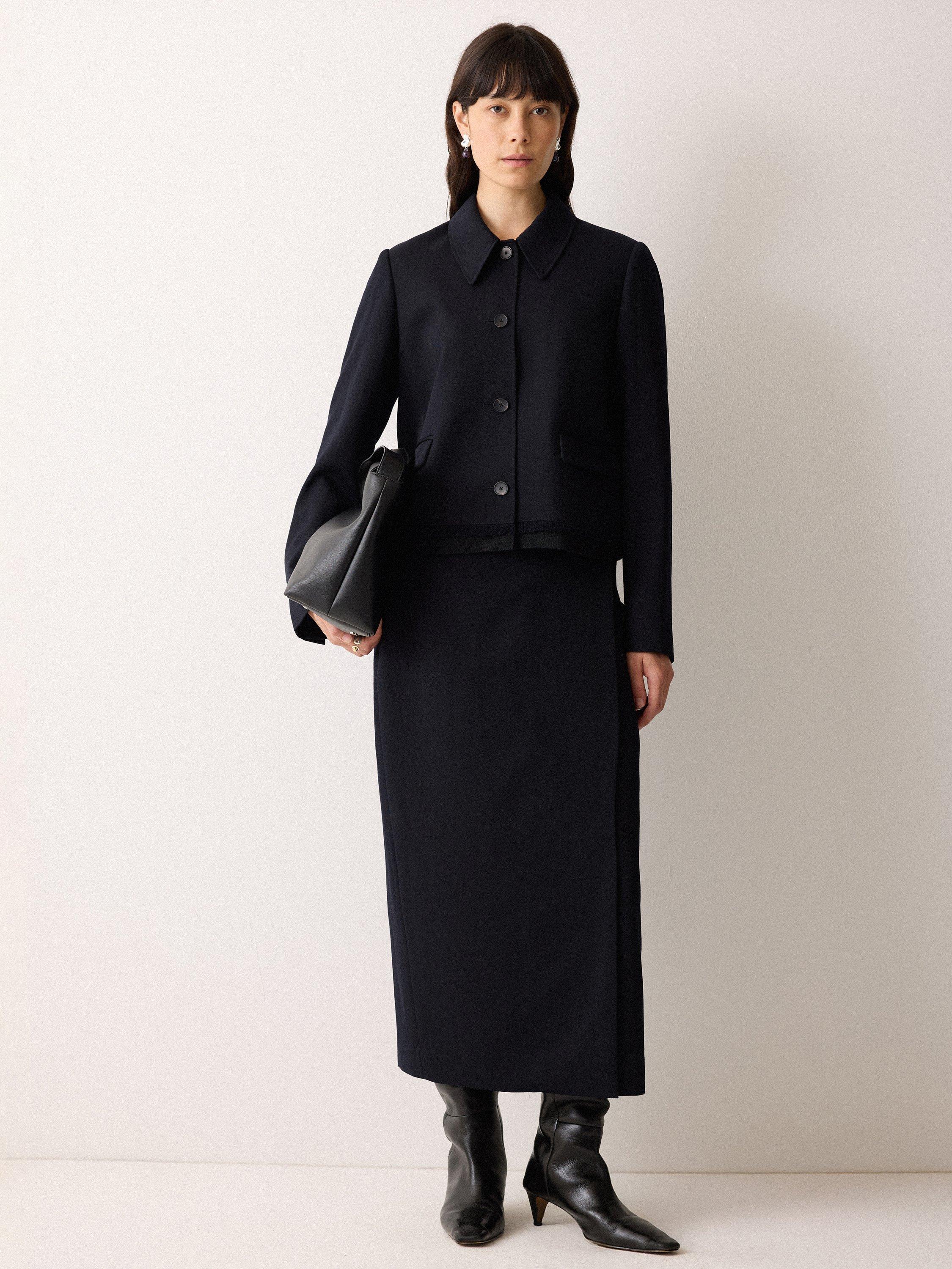 Product image 4 of 11, which shows Jigsaw Grosgrain Trim Wool Blend Wrap Skirt, Dark Navy, 8
