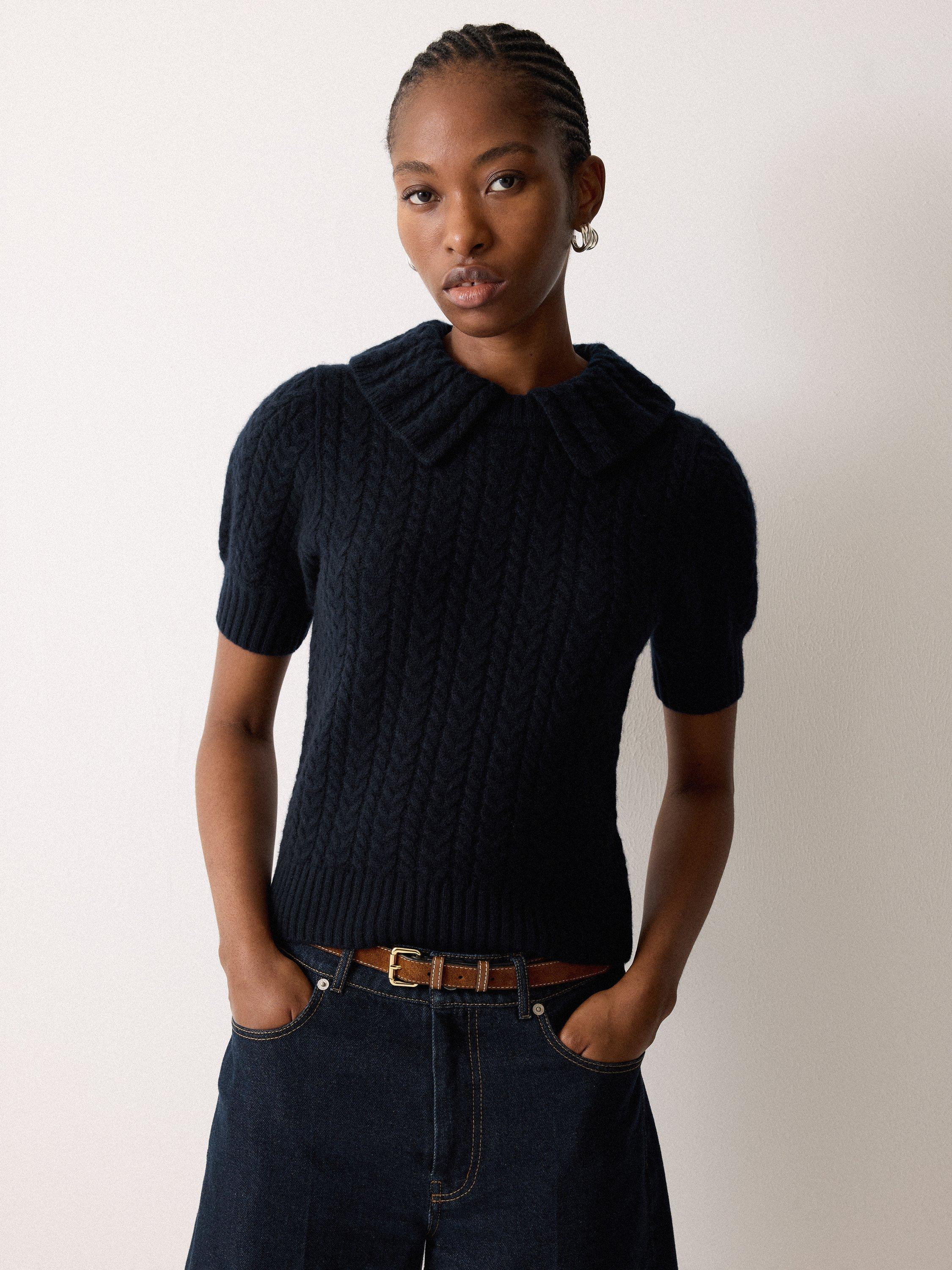 Product image 1 of 4, which shows Jigsaw Cable Knit Collar Short Sleeve Jumper, Navy, S