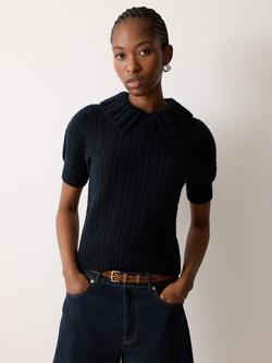 Jigsaw Cable Knit Collar Short Sleeve Jumper, Navy, Navy
