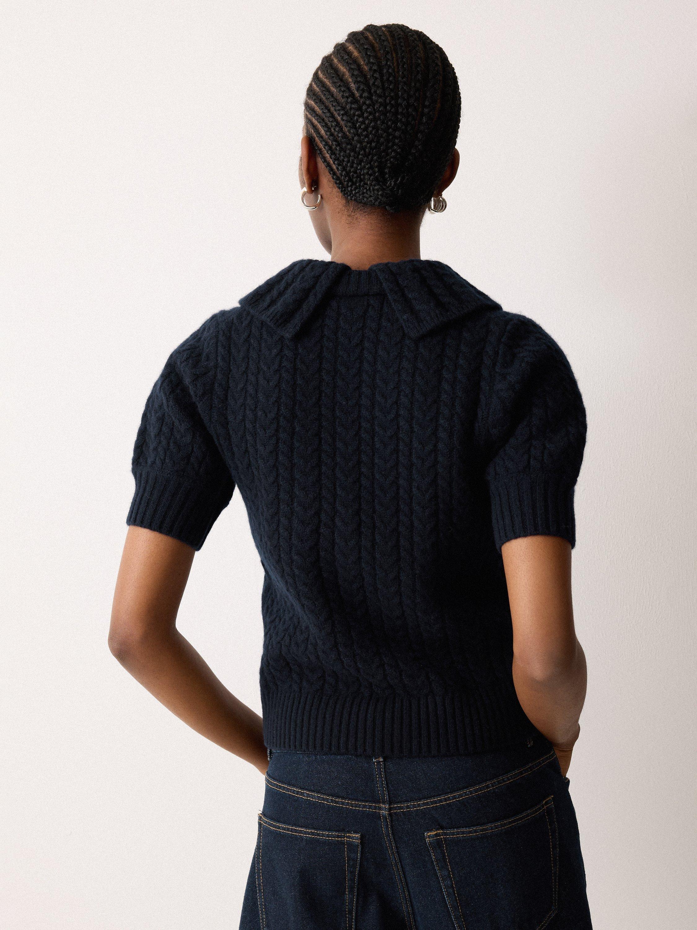 Product image 2 of 4, which shows Jigsaw Cable Knit Collar Short Sleeve Jumper, Navy, S