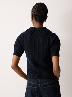 Jigsaw Cable Knit Collar Short Sleeve Jumper, Navy - view 2, Navy