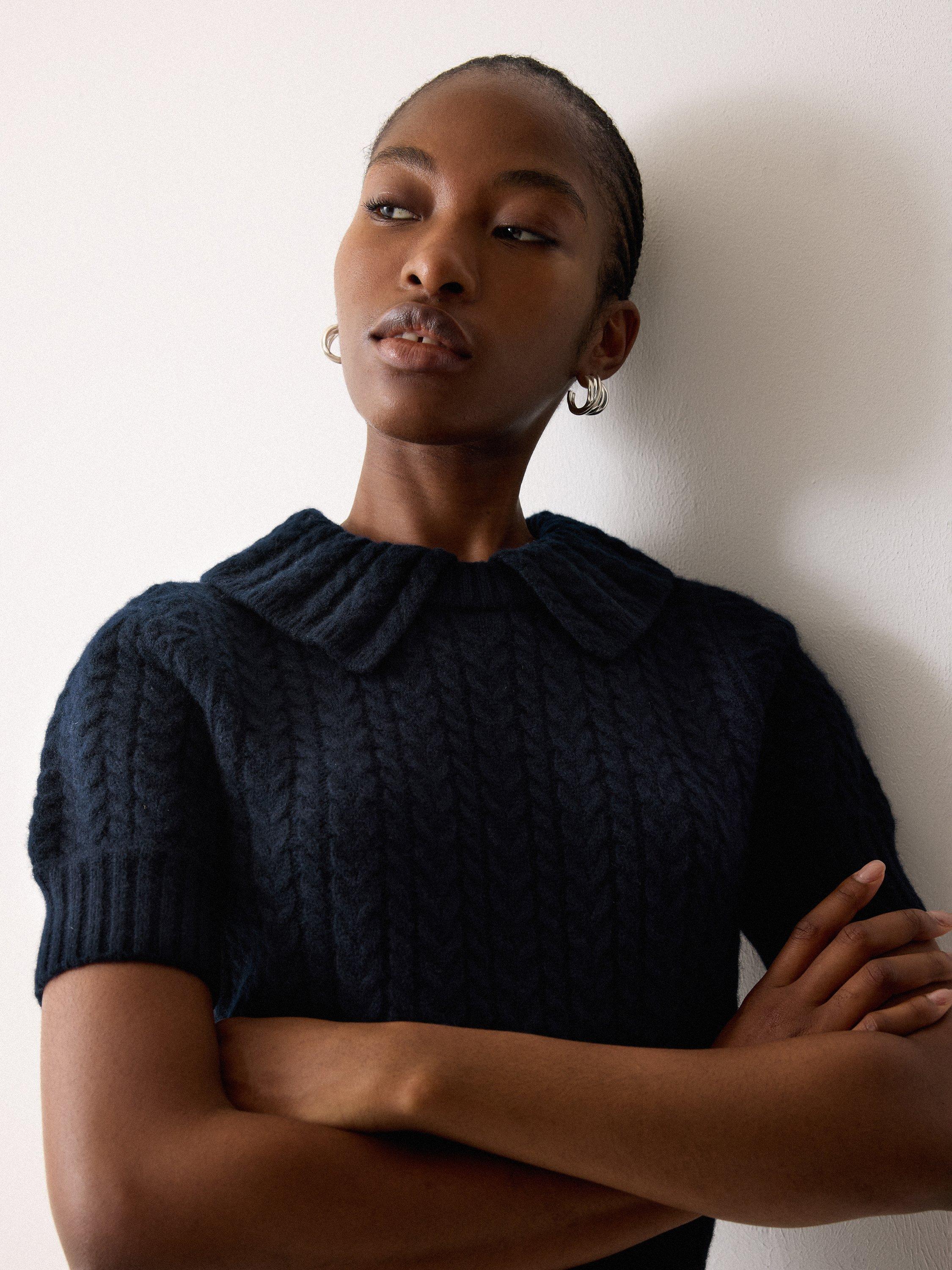 Product image 3 of 4, which shows Jigsaw Cable Knit Collar Short Sleeve Jumper, Navy, S