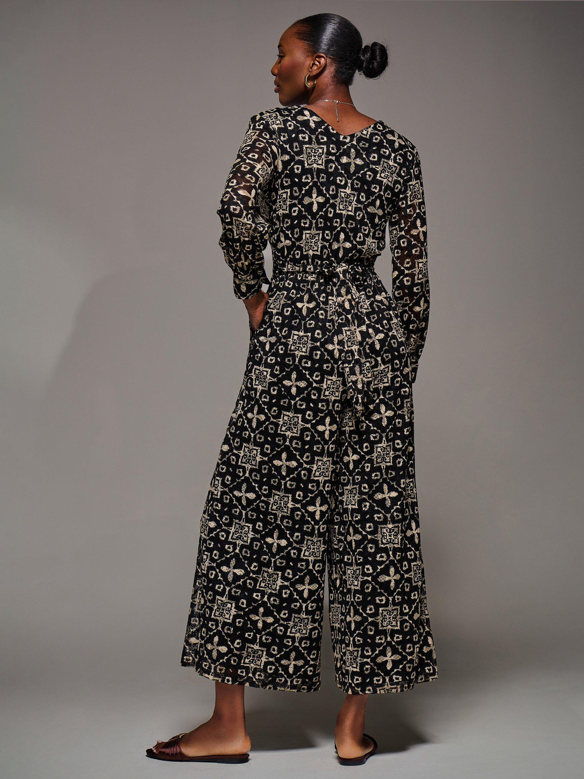 Product image 2 of 7, which shows Jolie Moi Geometric Wrap Tie Waist Jumpsuit, Black/Multi, 8