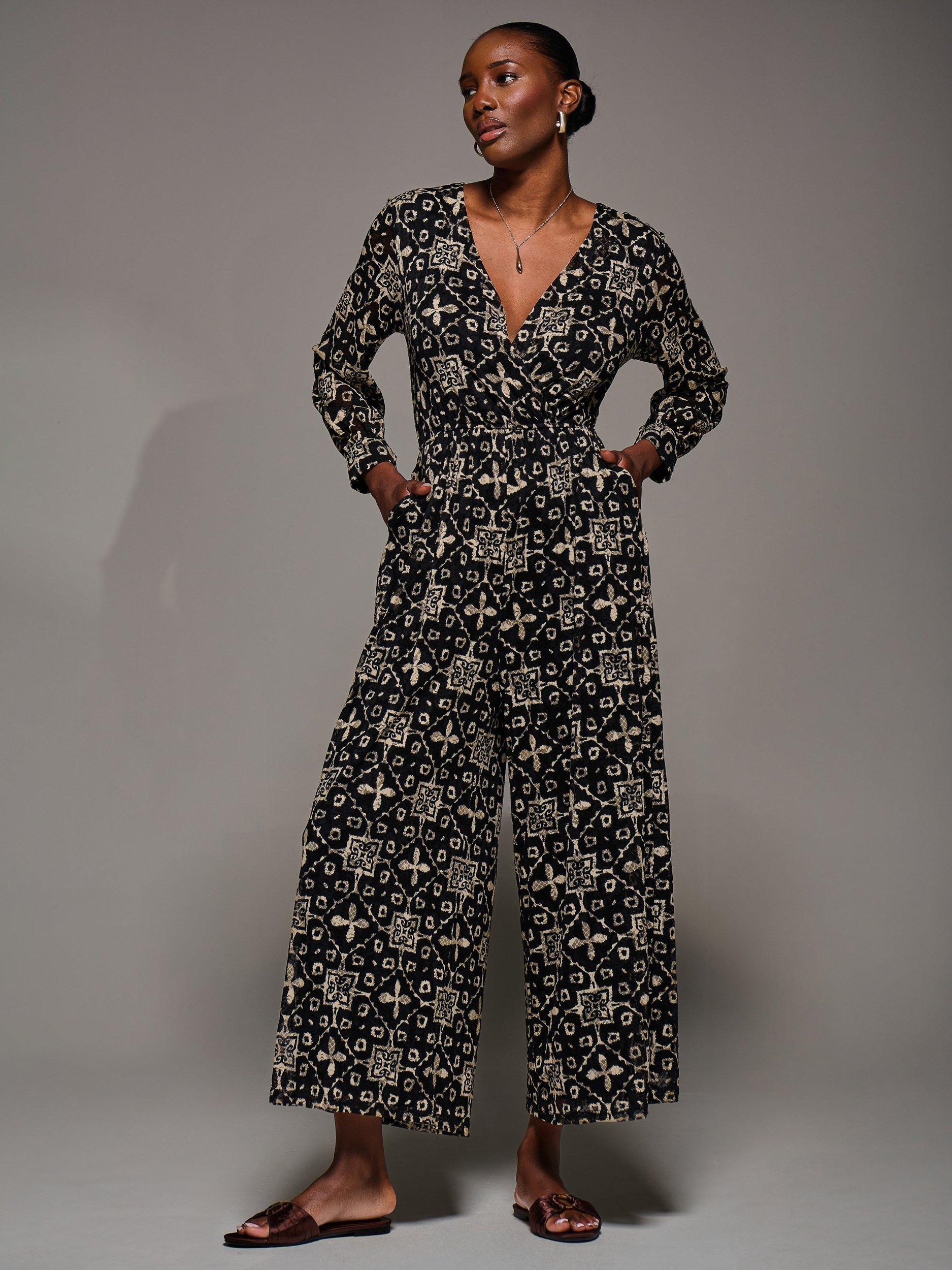 Product image 3 of 7, which shows Jolie Moi Geometric Wrap Tie Waist Jumpsuit, Black/Multi, 8