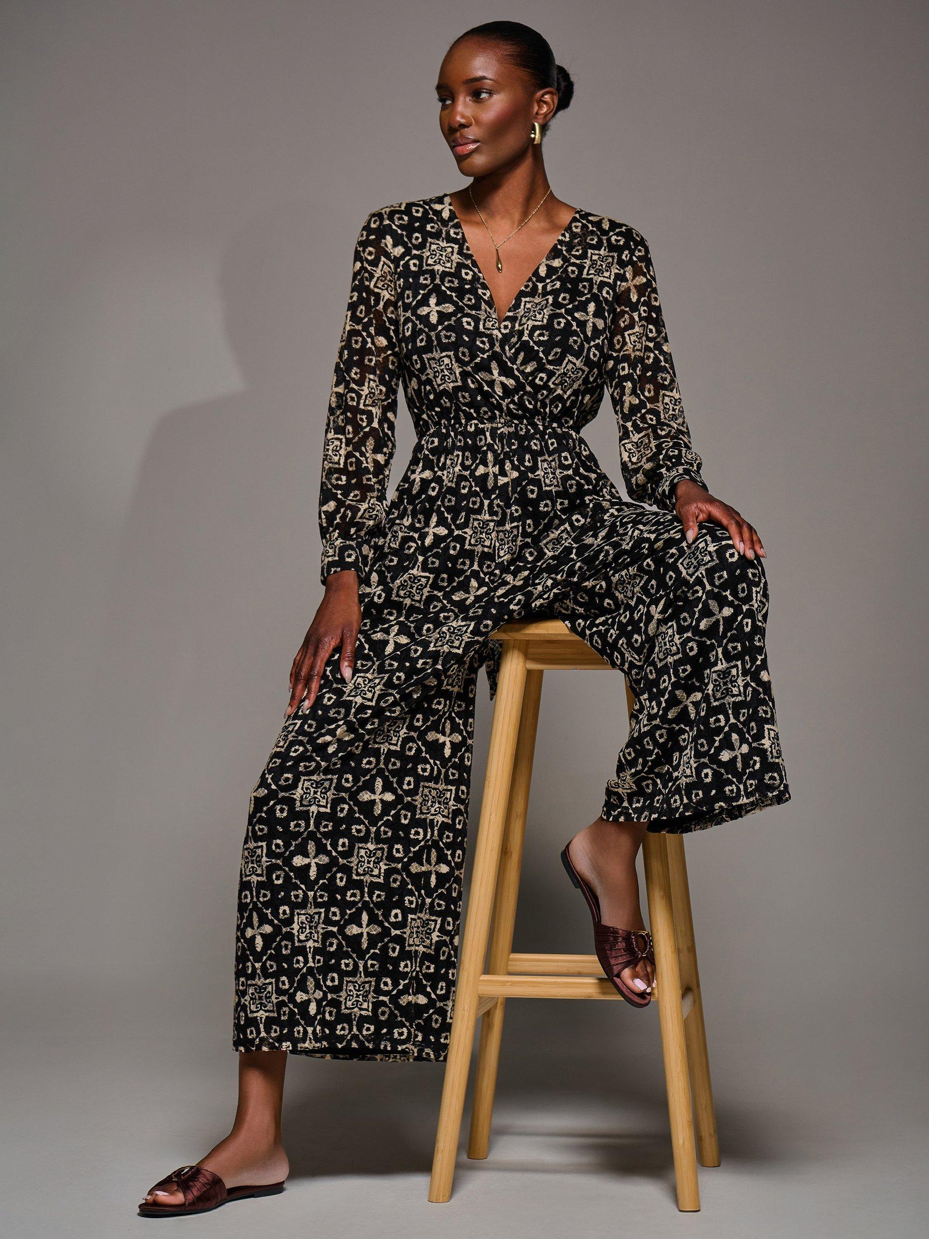 Product image 5 of 7, which shows Jolie Moi Geometric Wrap Tie Waist Jumpsuit, Black/Multi, 8
