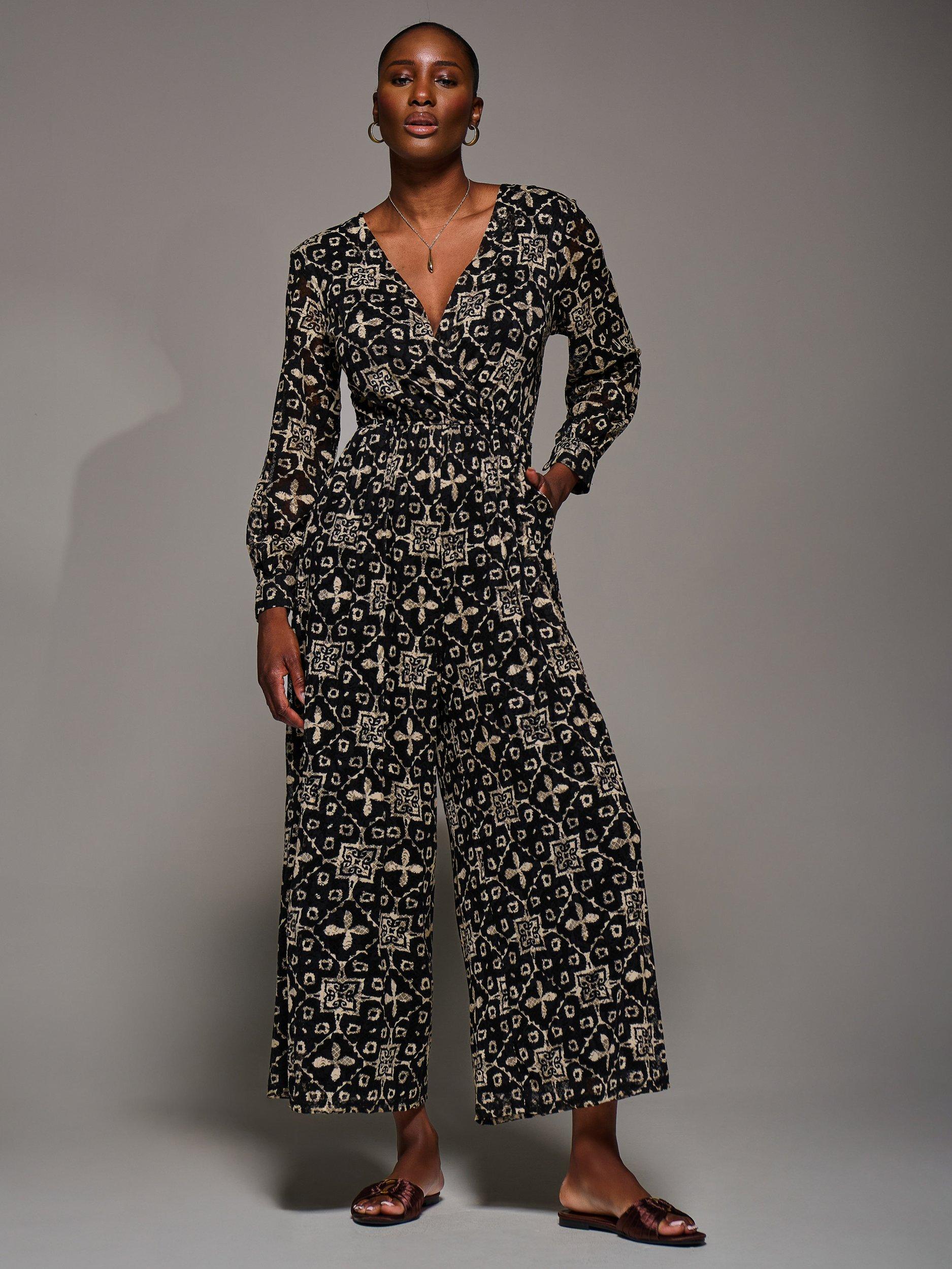 Product image 6 of 7, which shows Jolie Moi Geometric Wrap Tie Waist Jumpsuit, Black/Multi, 8