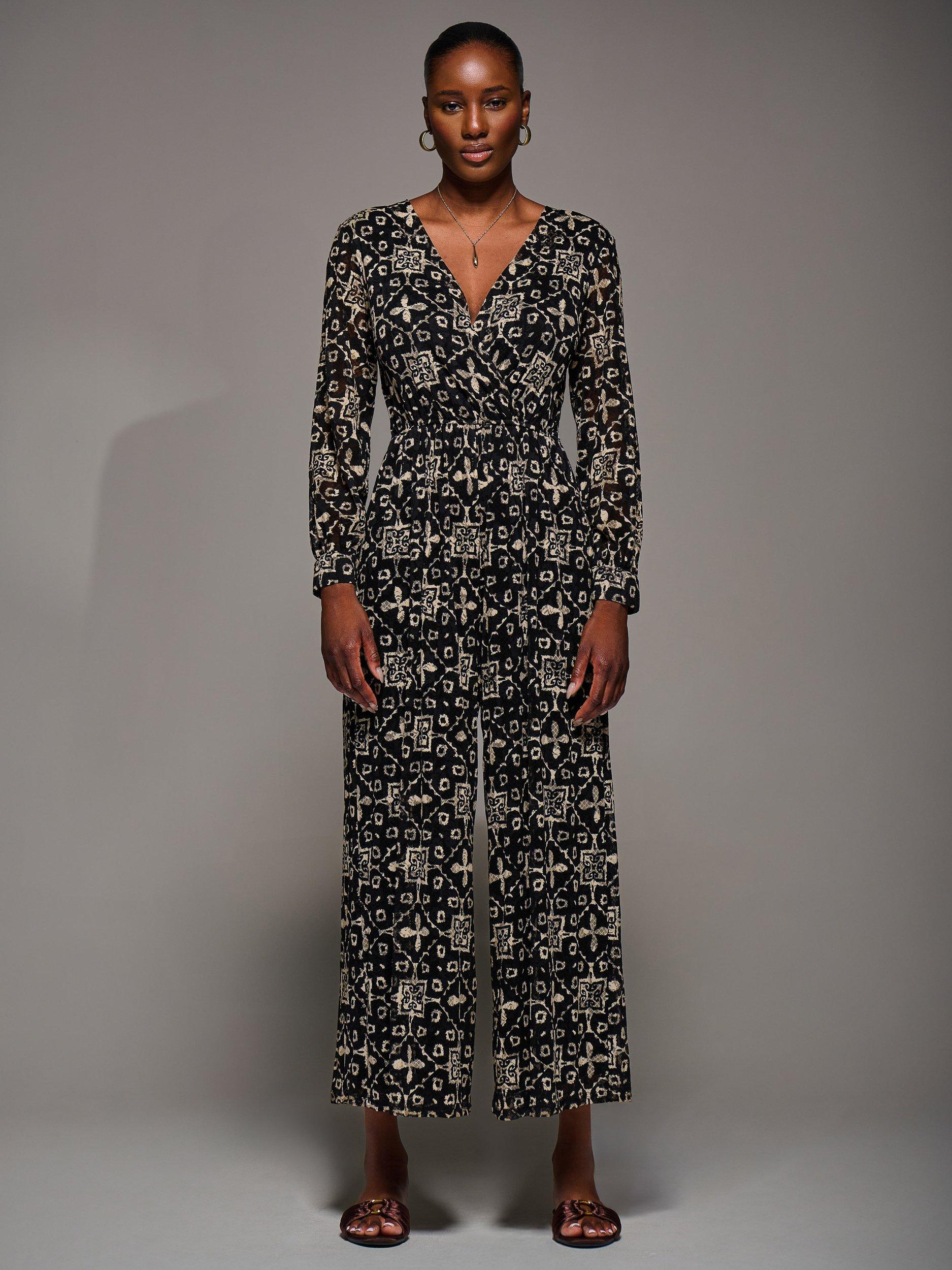 Product image 7 of 7, which shows Jolie Moi Geometric Wrap Tie Waist Jumpsuit, Black/Multi, 8