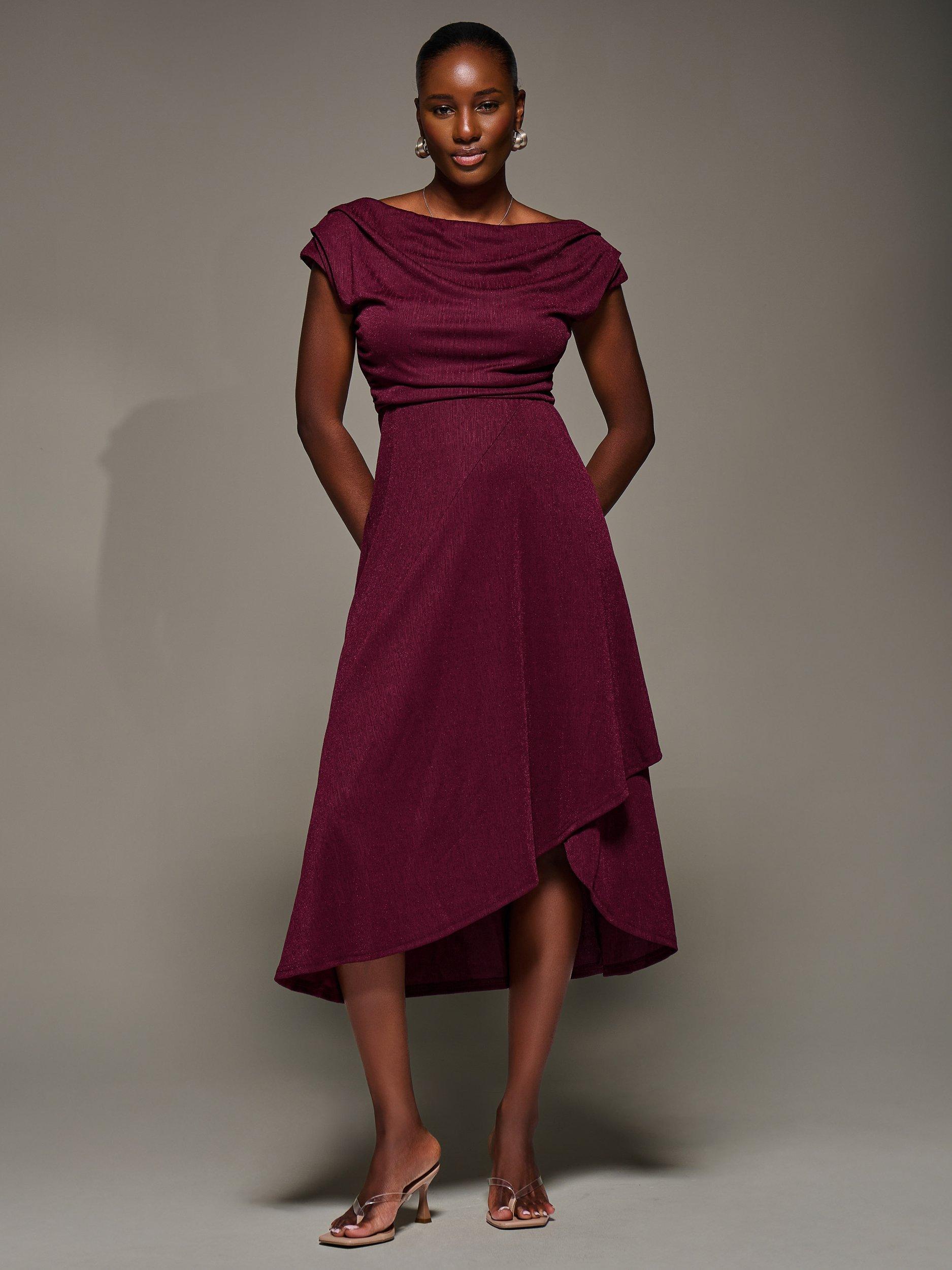 Jolie Moi Draped Cowl Neck Midi Dress, Burgundy