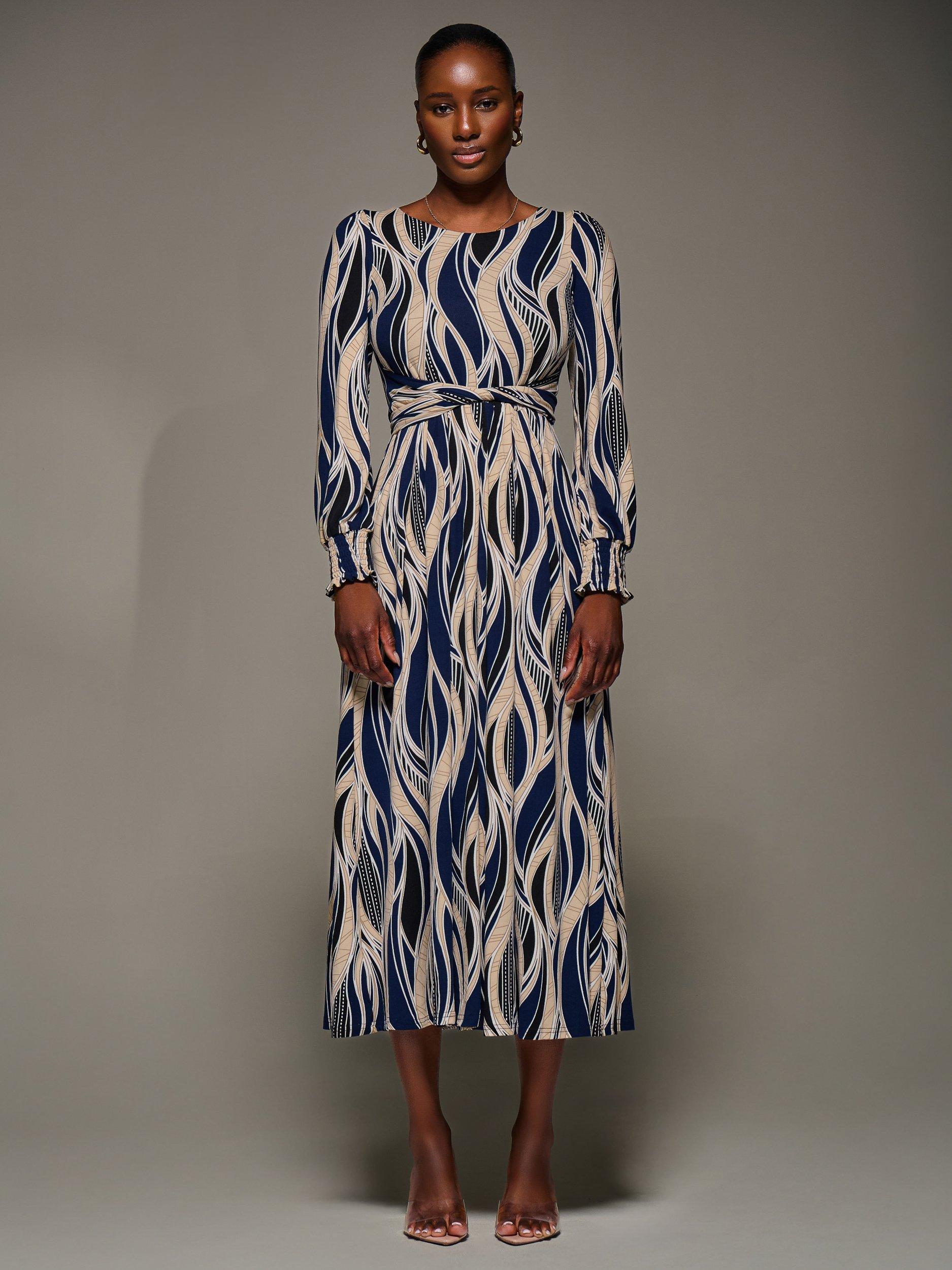 Product image 1 of 7, which shows Jolie Moi Abstract Jersey Belted Maxi Dress, Navy/Multi, 8