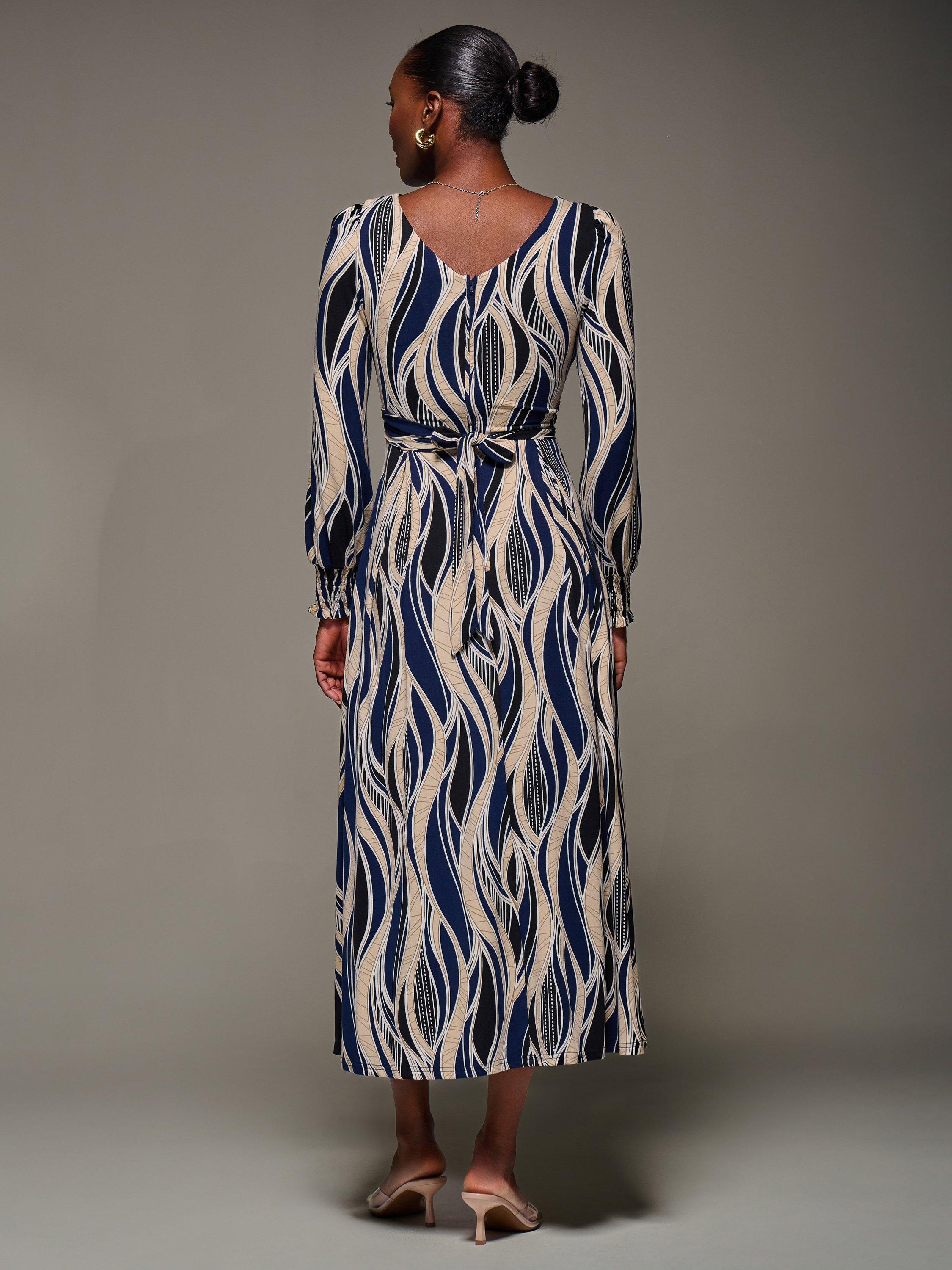 Product image 2 of 7, which shows Jolie Moi Abstract Jersey Belted Maxi Dress, Navy/Multi, 8