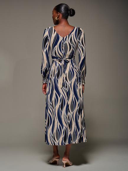 Jolie Moi Abstract Jersey Belted Maxi Dress, Navy/Multi - view 2, Navy/Multi