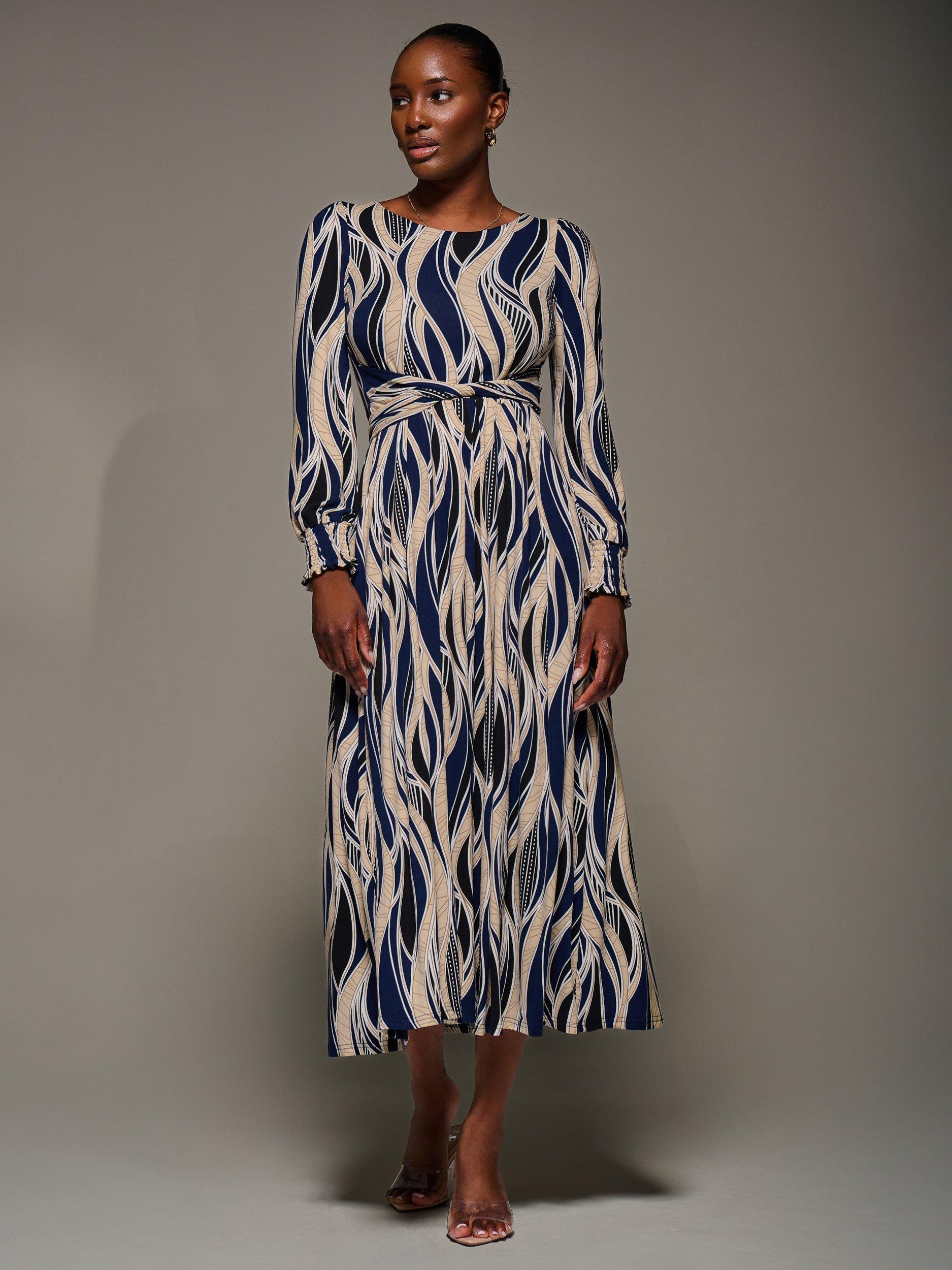 Product image 5 of 7, which shows Jolie Moi Abstract Jersey Belted Maxi Dress, Navy/Multi, 8