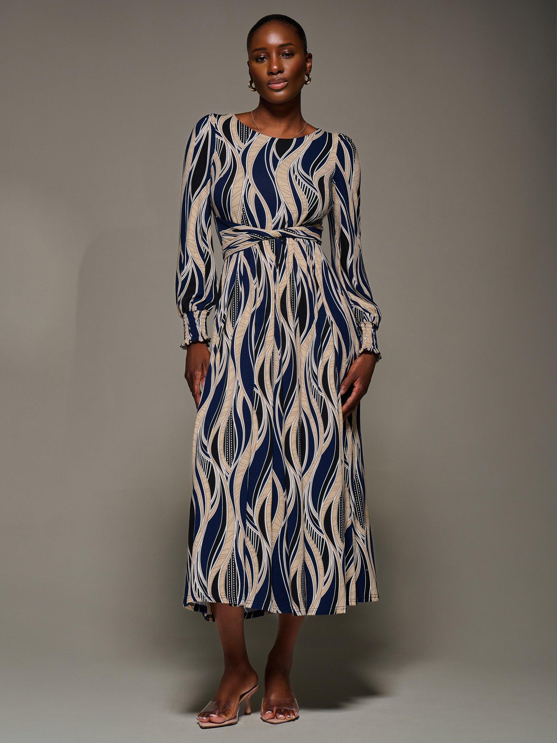 Product image 6 of 7, which shows Jolie Moi Abstract Jersey Belted Maxi Dress, Navy/Multi, 8