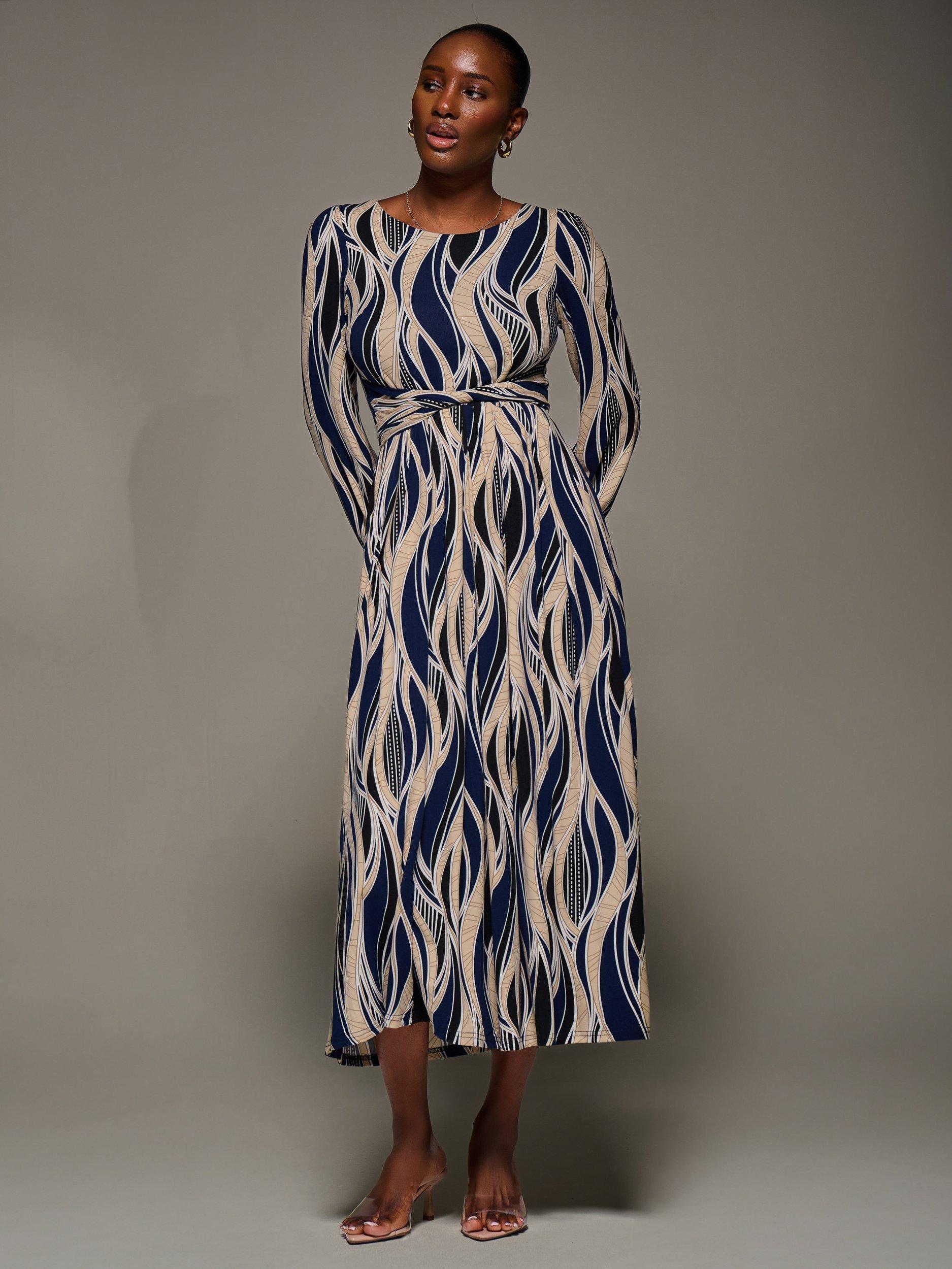 Product image 7 of 7, which shows Jolie Moi Abstract Jersey Belted Maxi Dress, Navy/Multi, 8