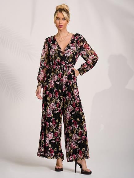 Jolie Moi Floral Lace Tie Waist Jumpsuit, Black/Multi, Black/Multi