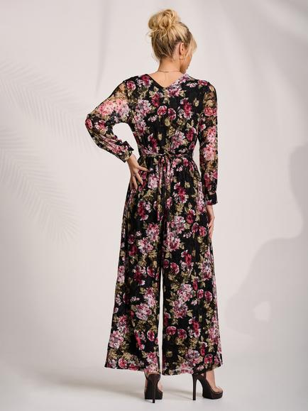 Jolie Moi Floral Lace Tie Waist Jumpsuit, Black/Multi - view 2, Black/Multi