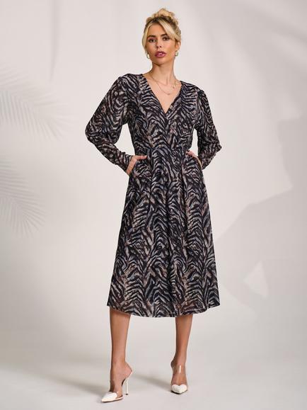 Jolie Moi Animal Print Puff Sleeve Mesh Dress, Brown/Multi, Brown/Multi