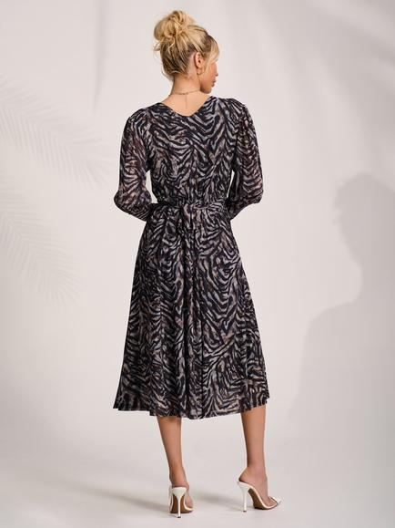 Jolie Moi Animal Print Puff Sleeve Mesh Dress, Brown/Multi - view 2, Brown/Multi