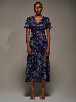 Jolie Moi Floral Short Sleeve Mesh Dress, Navy/Multi, Navy/Multi