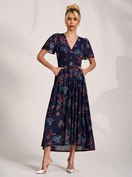 Jolie Moi Floral Short Sleeve Mesh Dress, Navy/Multi, Navy/Multi