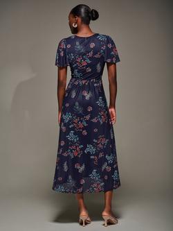 Jolie Moi Floral Short Sleeve Mesh Dress, Navy/Multi - view 2, Navy/Multi