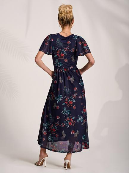 Jolie Moi Floral Short Sleeve Mesh Dress, Navy/Multi - view 2, Navy/Multi