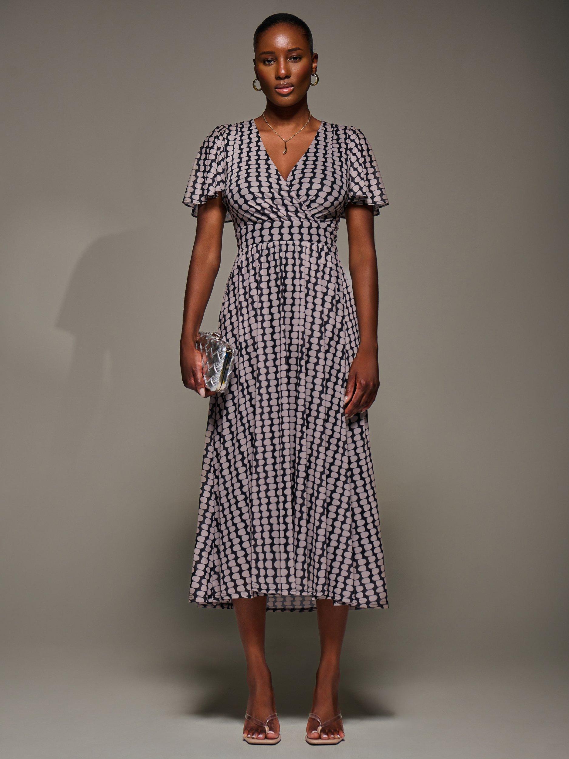 Product image 1 of 7, which shows Jolie Moi Geometric Short Sleeve Mesh Dress, Black/Multi, 8