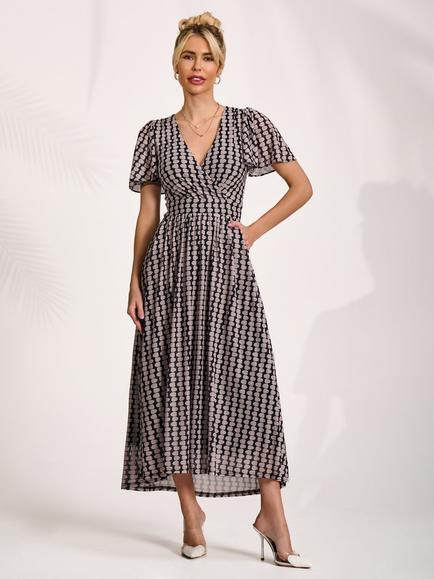 Jolie Moi Geometric Short Sleeve Mesh Dress, Black/Multi, Black/Multi