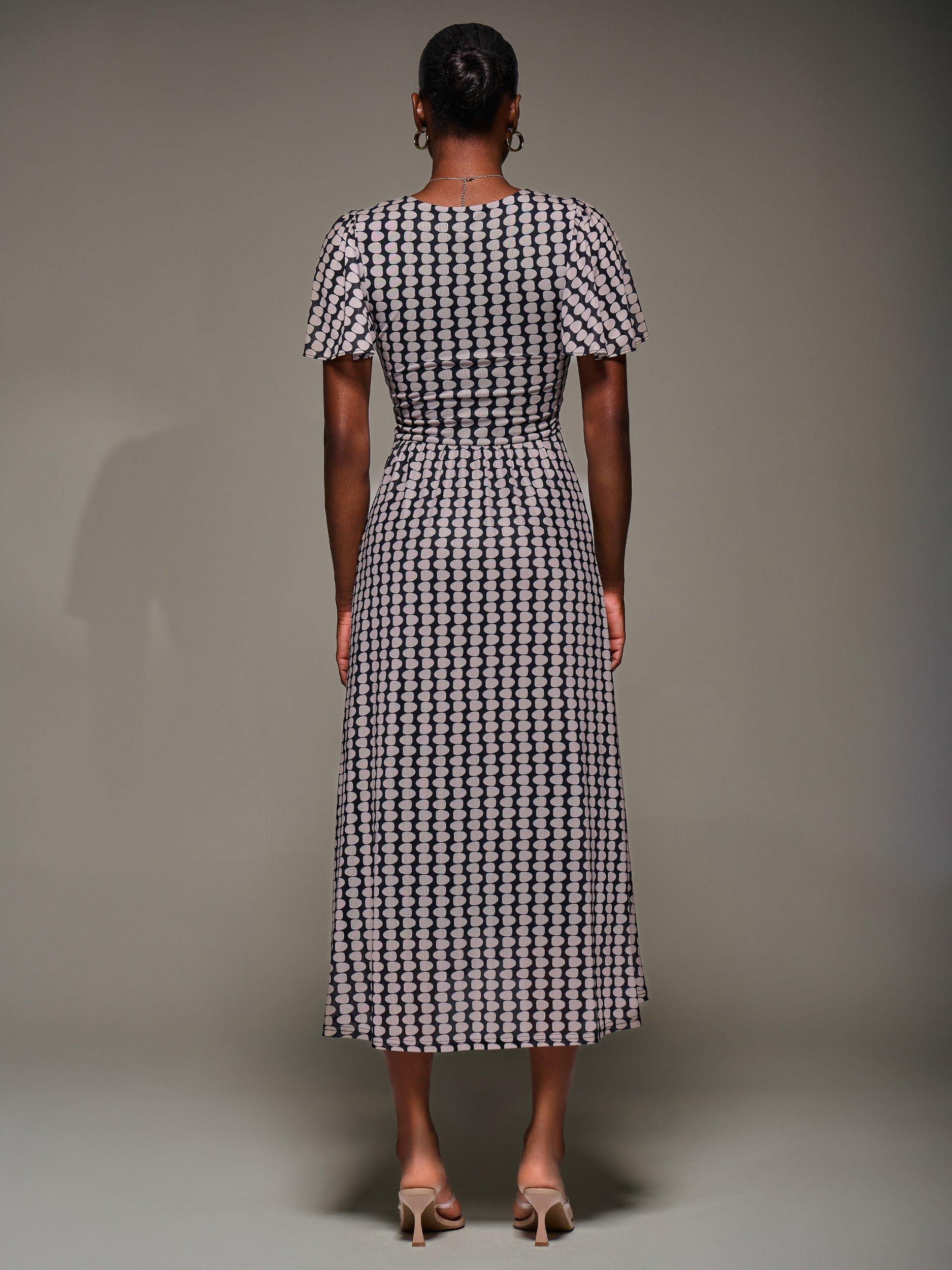 Product image 2 of 7, which shows Jolie Moi Geometric Short Sleeve Mesh Dress, Black/Multi, 8