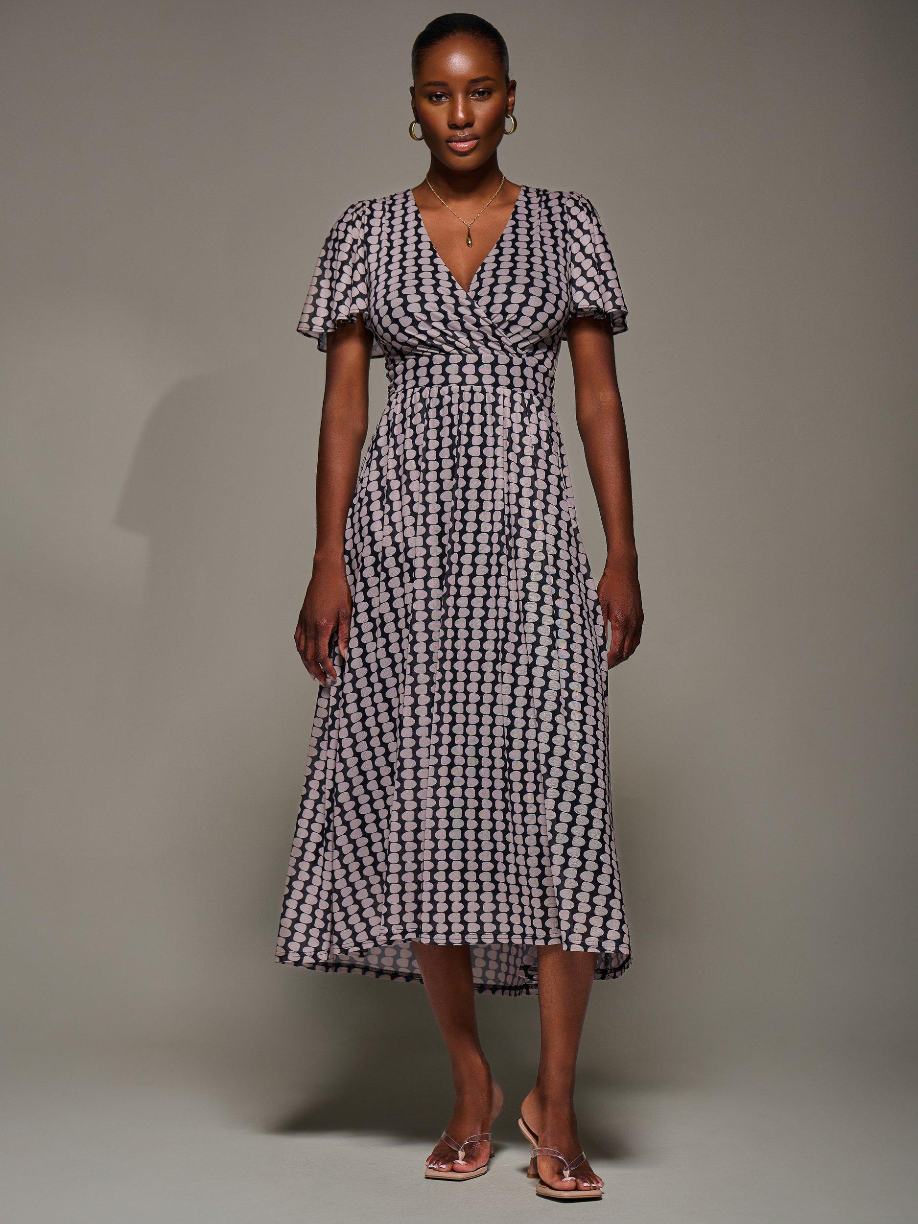 Product image 3 of 7, which shows Jolie Moi Geometric Short Sleeve Mesh Dress, Black/Multi, 8