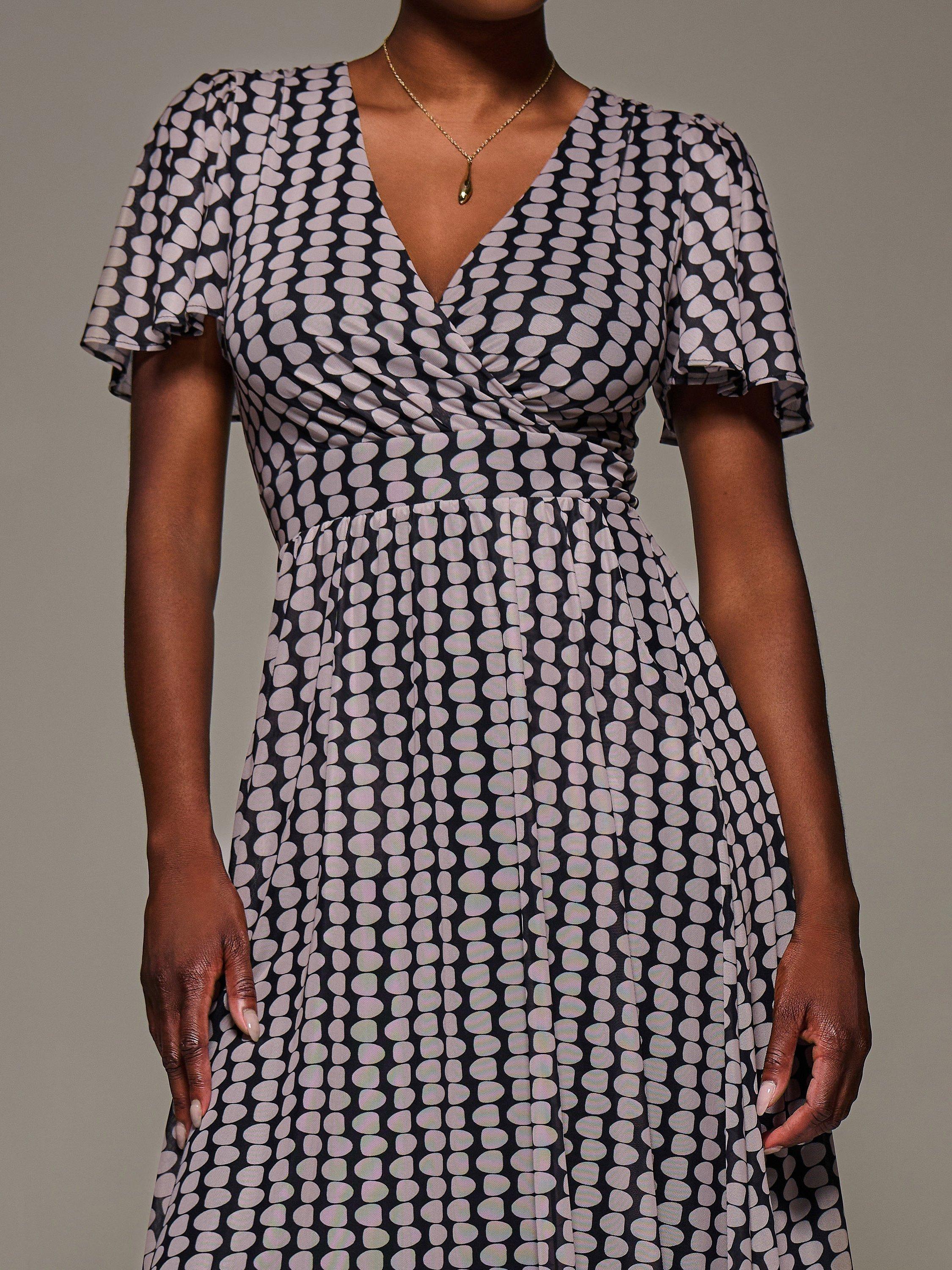 Product image 4 of 7, which shows Jolie Moi Geometric Short Sleeve Mesh Dress, Black/Multi, 8