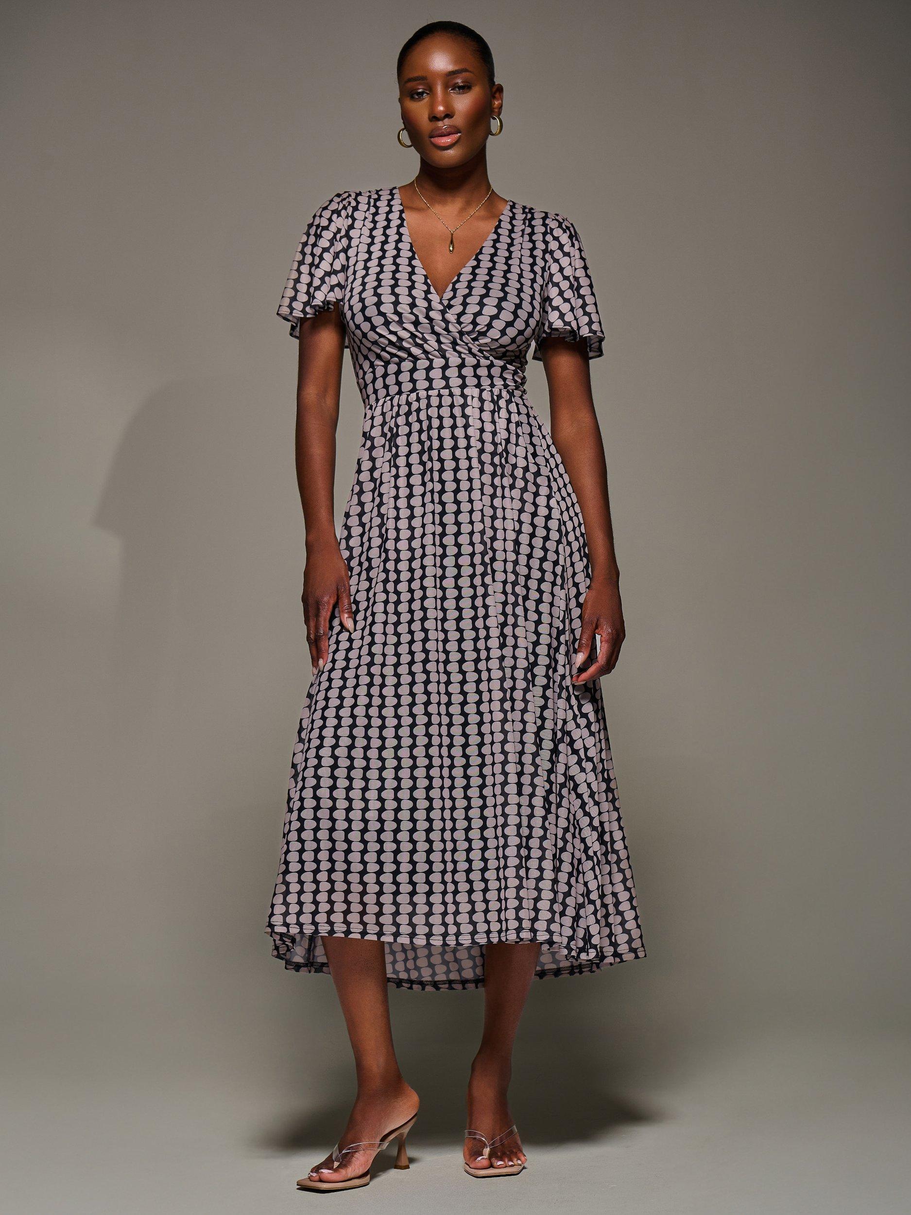 Product image 5 of 7, which shows Jolie Moi Geometric Short Sleeve Mesh Dress, Black/Multi, 8