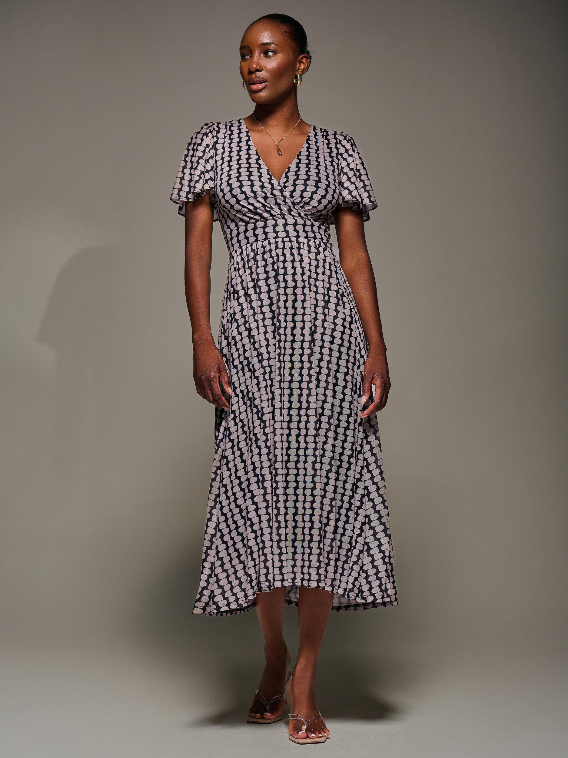 Product image 6 of 7, which shows Jolie Moi Geometric Short Sleeve Mesh Dress, Black/Multi, 8