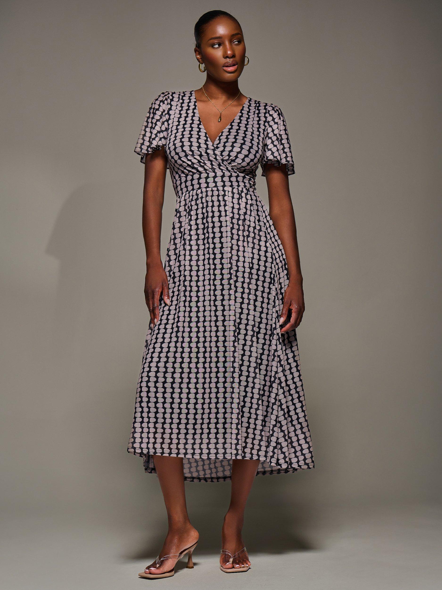 Product image 7 of 7, which shows Jolie Moi Geometric Short Sleeve Mesh Dress, Black/Multi, 8