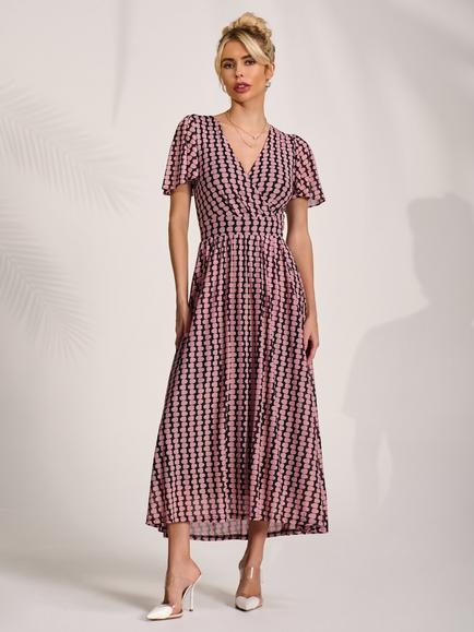 Jolie Moi Geometric Short Sleeve Mesh Dress, Pink/Multi, Pink/Multi