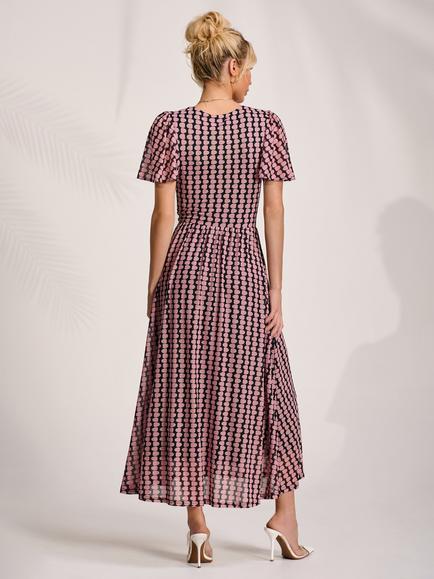 Jolie Moi Geometric Short Sleeve Mesh Dress, Pink/Multi - view 2, Pink/Multi