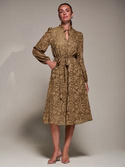 Jolie Moi Abstract Textured Tie Neck Chiffon Dress, Brown, Brown