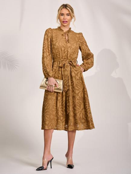 Jolie Moi Abstract Textured Tie Neck Chiffon Dress, Brown, Brown
