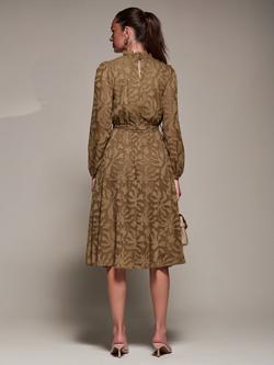 Jolie Moi Abstract Textured Tie Neck Chiffon Dress, Brown - view 2, Brown