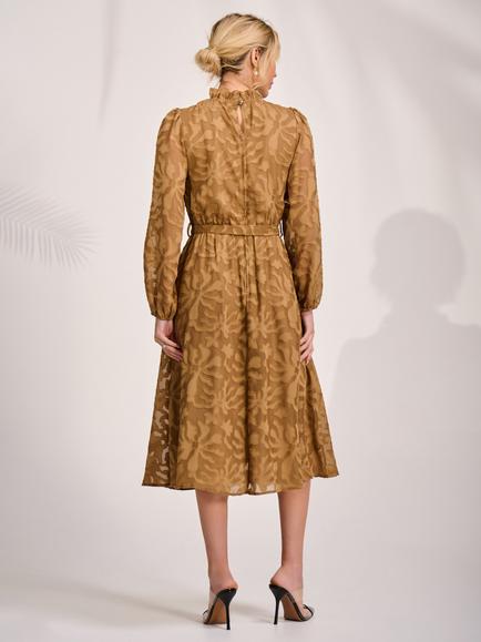 Jolie Moi Abstract Textured Tie Neck Chiffon Dress, Brown - view 2, Brown