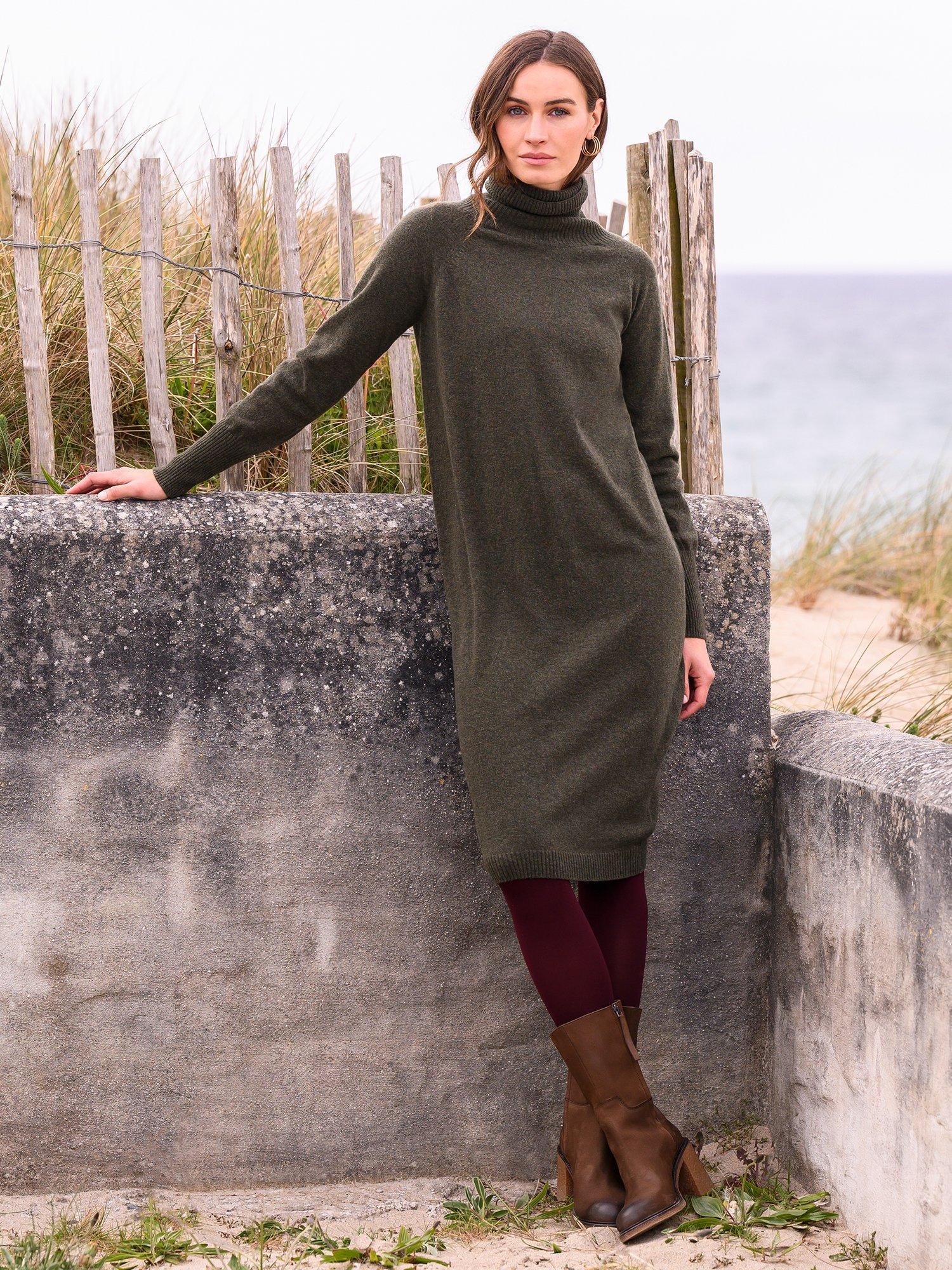 Product image 1 of 5, which shows Celtic & Co. Roll Neck Pure Wool Jumper Dress, Olive, XS