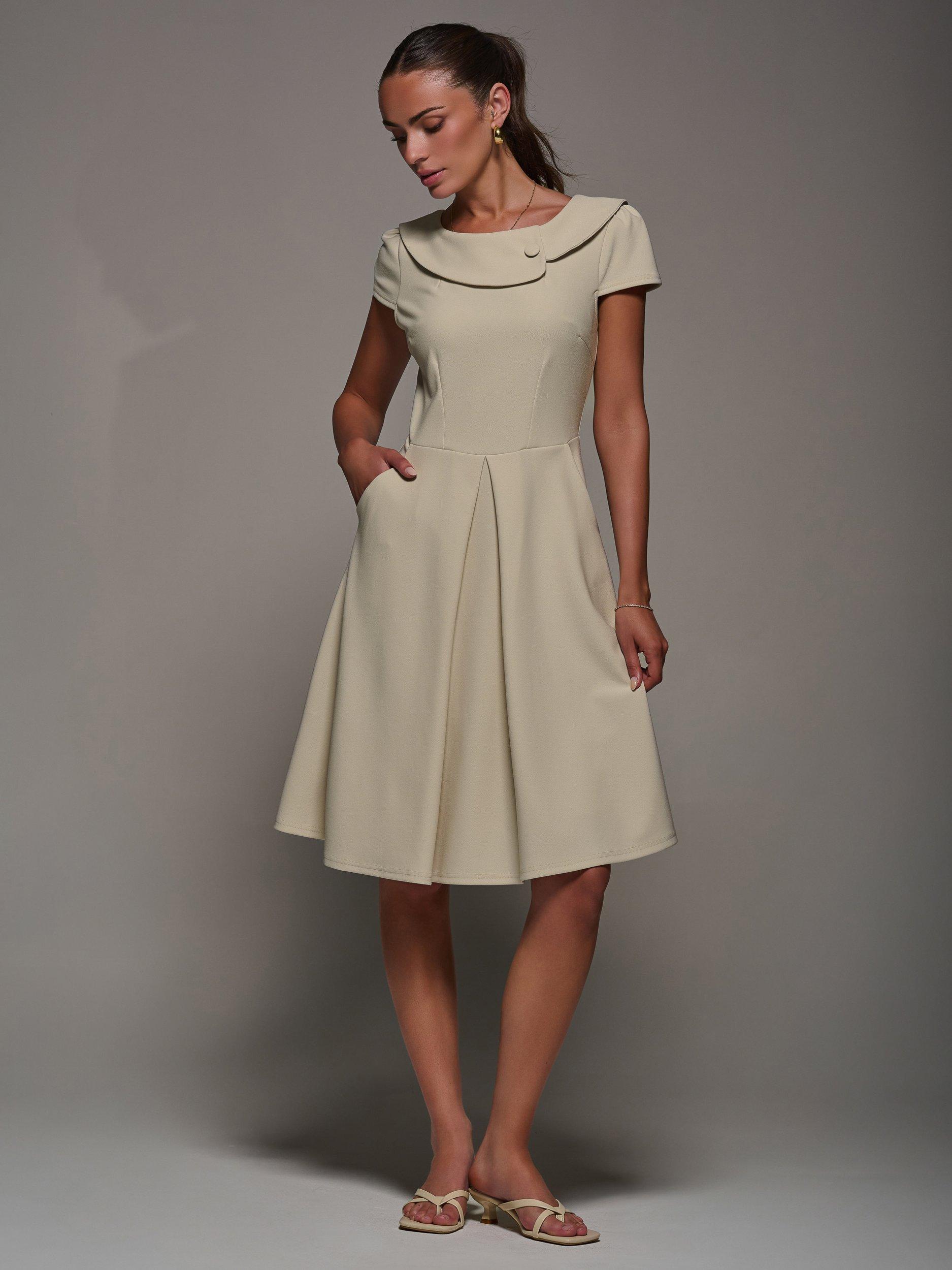 Product image 3 of 7, which shows Jolie Moi Cap Sleeve Collar Dress, Beige, 8