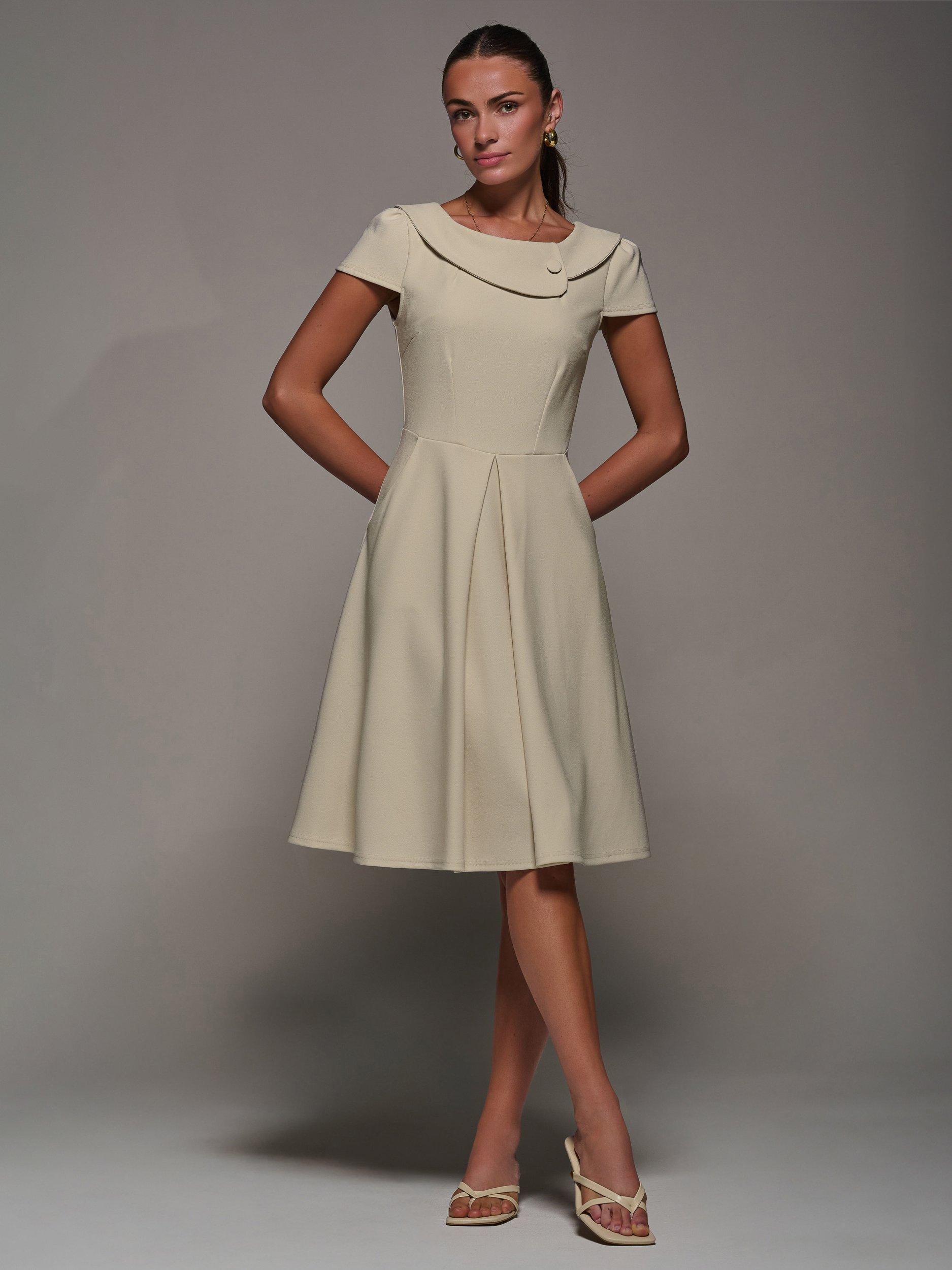 Product image 7 of 7, which shows Jolie Moi Cap Sleeve Collar Dress, Beige, 8