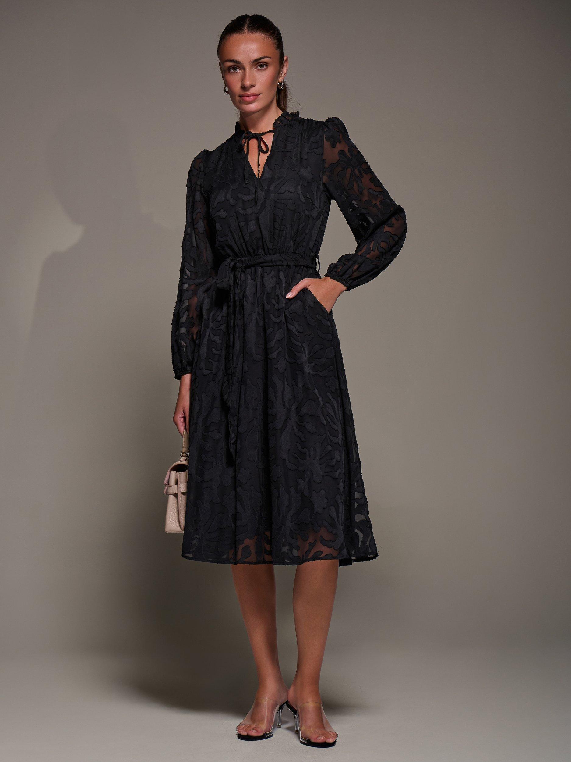 Product image 5 of 7, which shows Jolie Moi Chiffon Tie Neck Dress, Black, 8